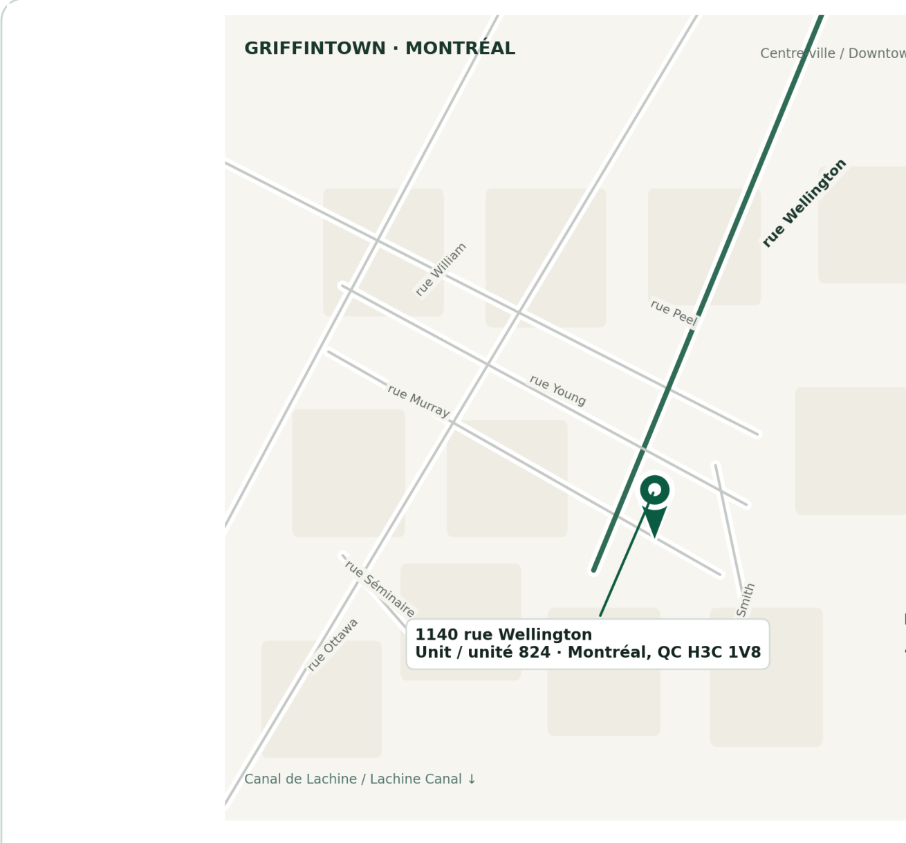 Griffintown Montréal map showing 1140 Rue Wellington, Unit 824